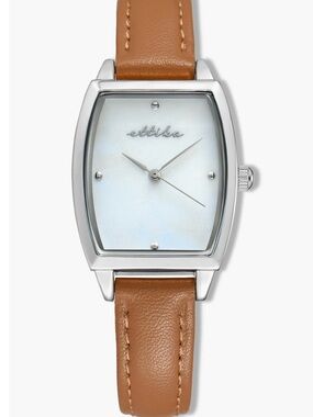 Ettika Timeless Texture Silver Case Watch with Cognac Leather Strap